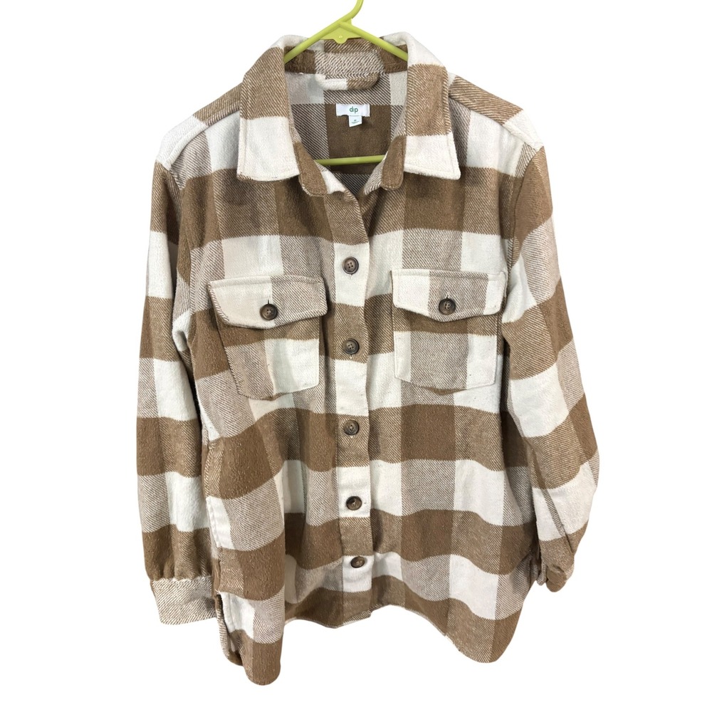 Dip Womens Brown White Buffalo Plaid Shacket Flannel Button Down Shirt Jacket‎ M